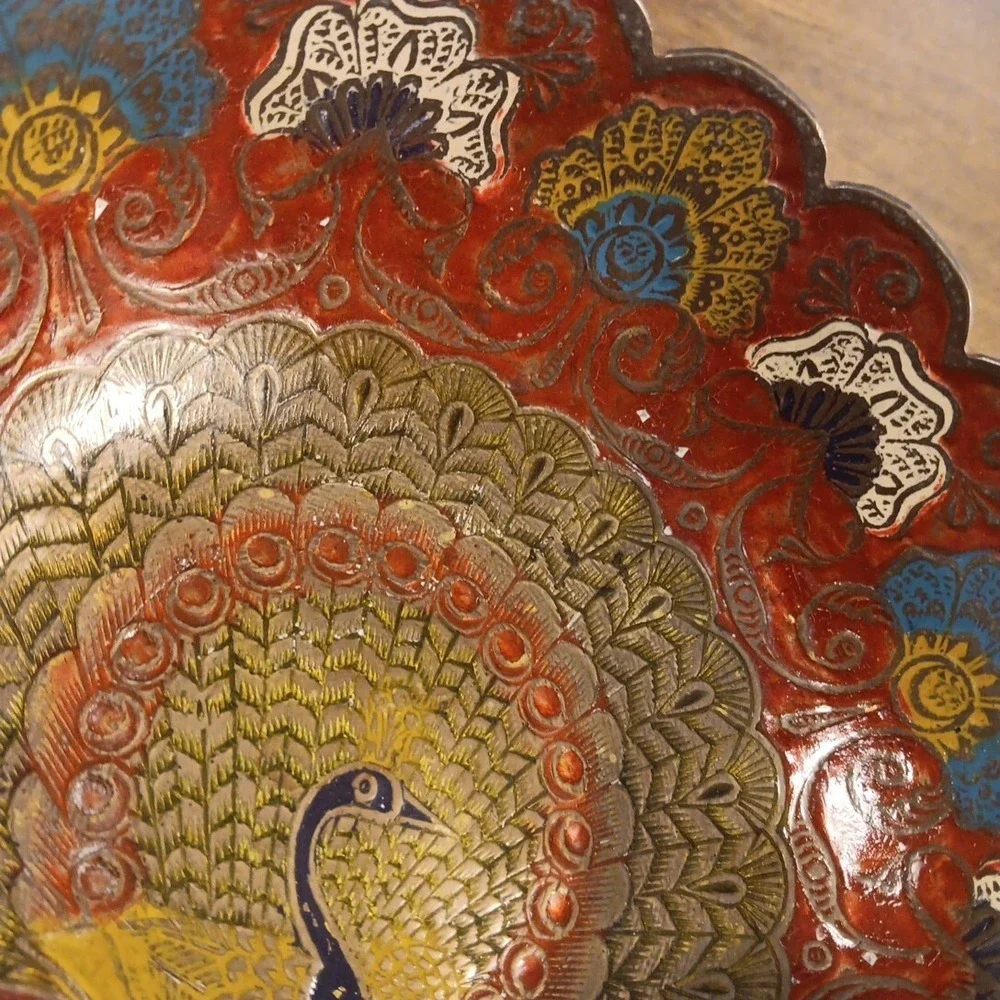 Solid Enameled Brass Peacock Bird Vintage Pedestal Decorative Bowl 6.5